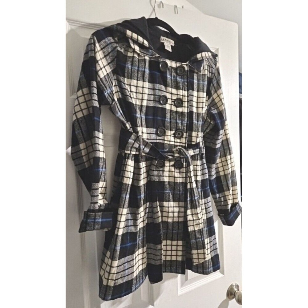 Vintage L Blue White Plaid Pea Coat Pettycoat Dbl breasted Belted Pkts 42X32